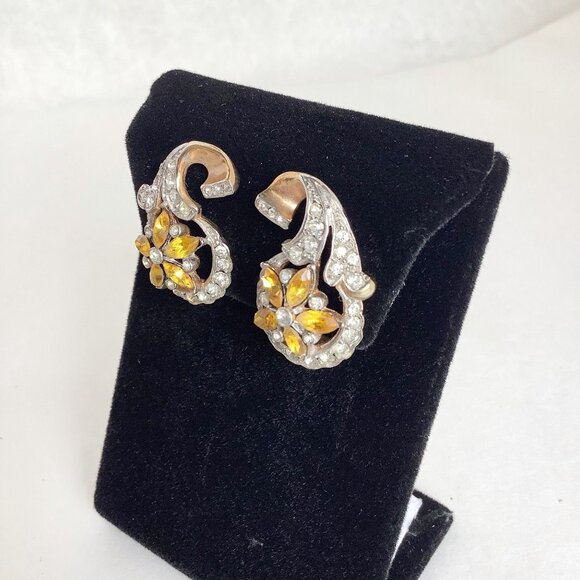 Signed NORDIC Topaz Amber Rhinestones Earrings Vintage Clip On Retro Design - Picture 4 of 6